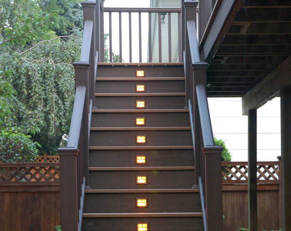 LED Recessed Lighting shown installed in deck stairs