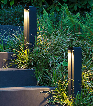 In-Lite Pathway light, dark Bollard becide stairs.