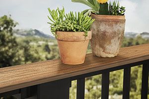 TREX signature rail in charcoal black. Wide cocktail rail in Havana Gold