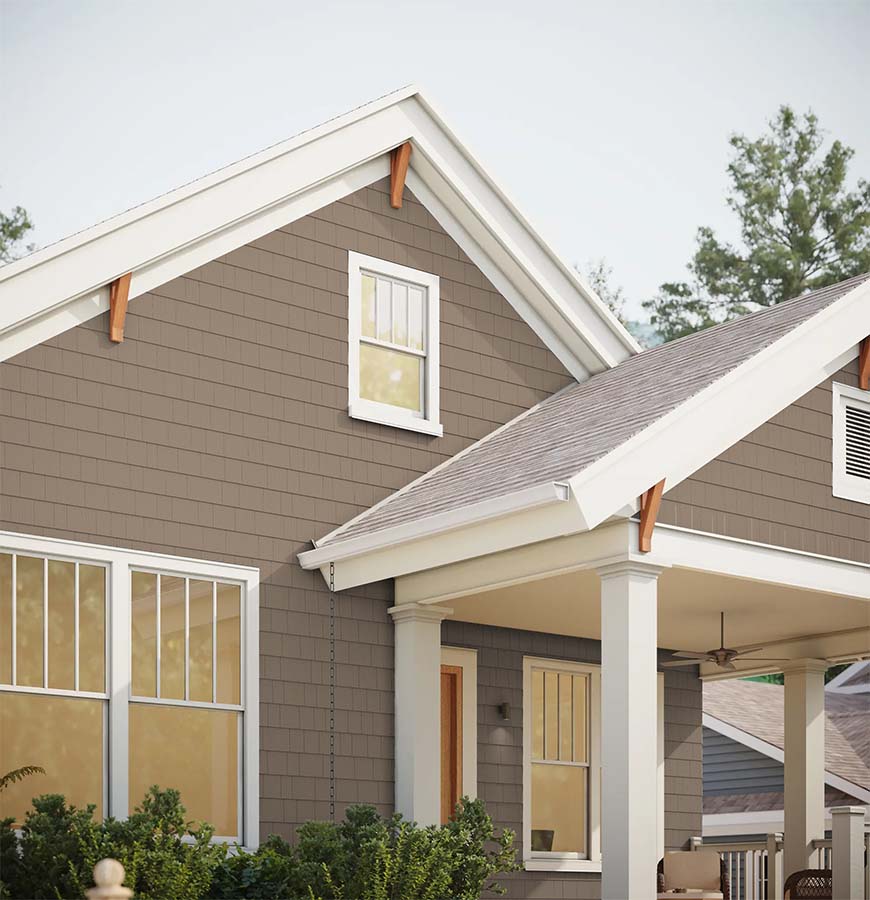 Hardie shingle sidded house in colour Khaki Brown