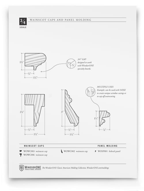 link to Detailed dimensioned drawings of Wainscot Caps & Federal Panel profile.