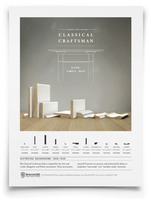 An overview and detail images of Classical Craftsman Moldings.