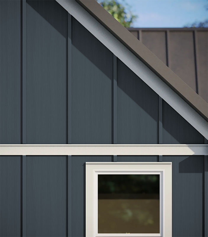 Hardie panel in cedarmill texture, shingle irregular cut, trim colour artic white
